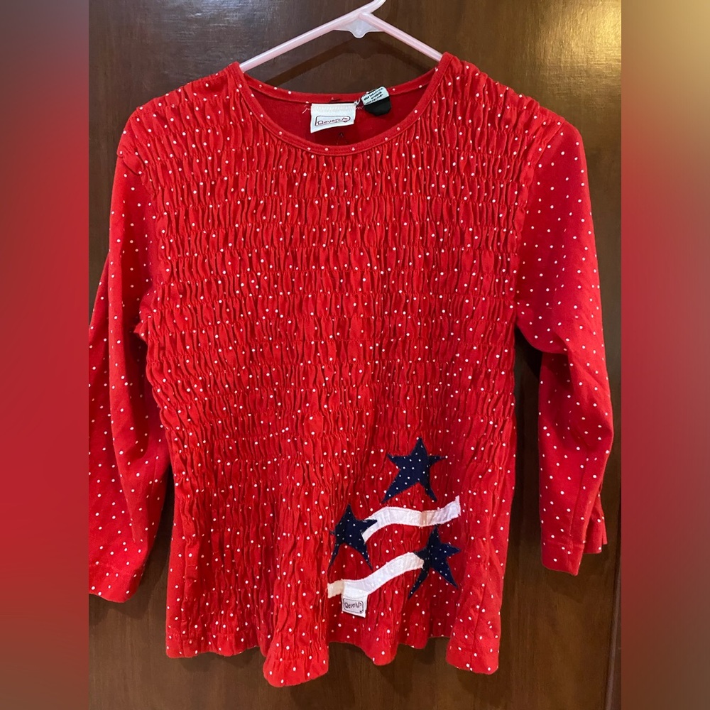 Everly Red Smocked Long-Sleeve Top with Star & Flag Appliqué